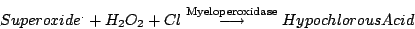 \begin{displaymath}Superoxide^. + H_2O_2 + Cl \stackrel{\rm Myeloperoxidase}{\longrightarrow}
HypochlorousAcid \end{displaymath}